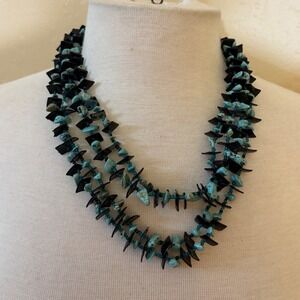 Turquoise Black Triple Strand Beaded Statement Necklace Southwestern Boho‎